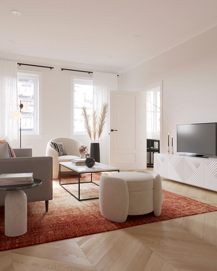 modern living room with terracotta rug