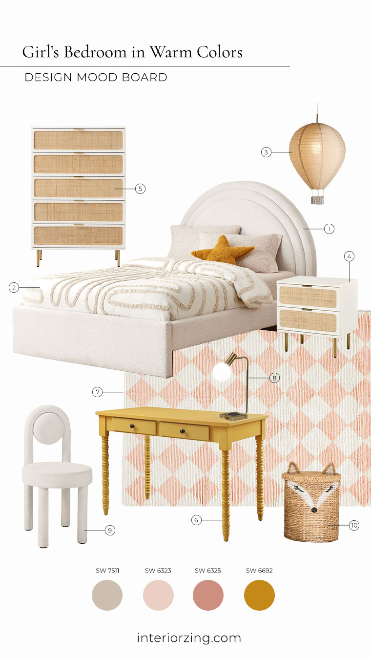 design mood board of the girl's bedroom in warm colors
