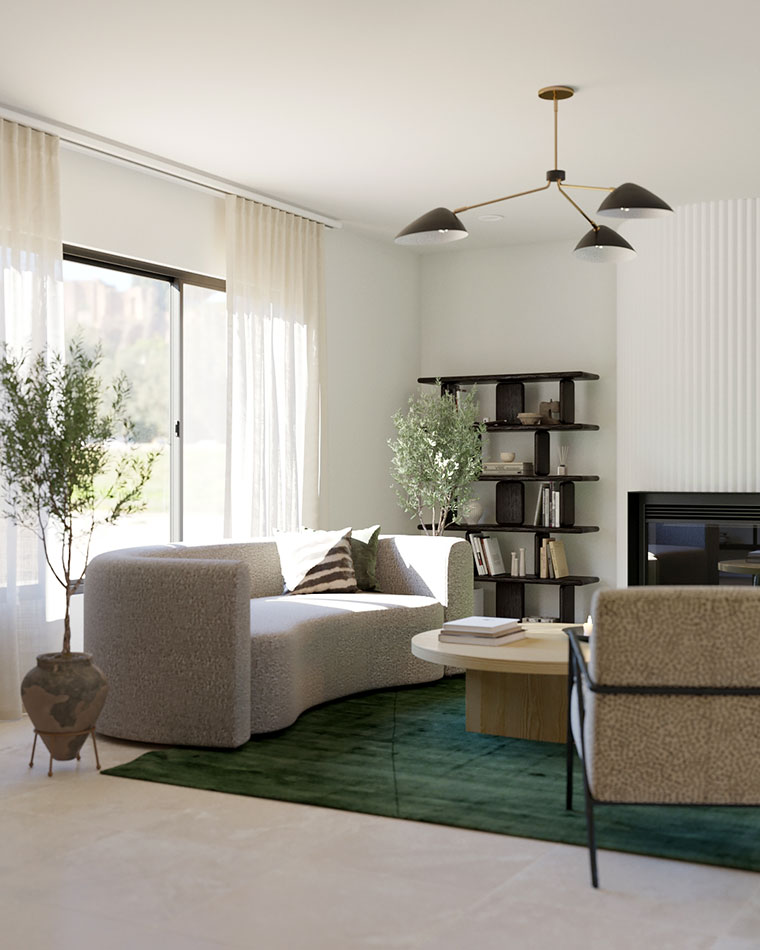 minimalist living room with green rug