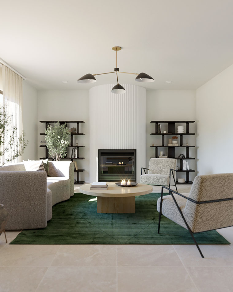 minimalist living room with circular fireplace