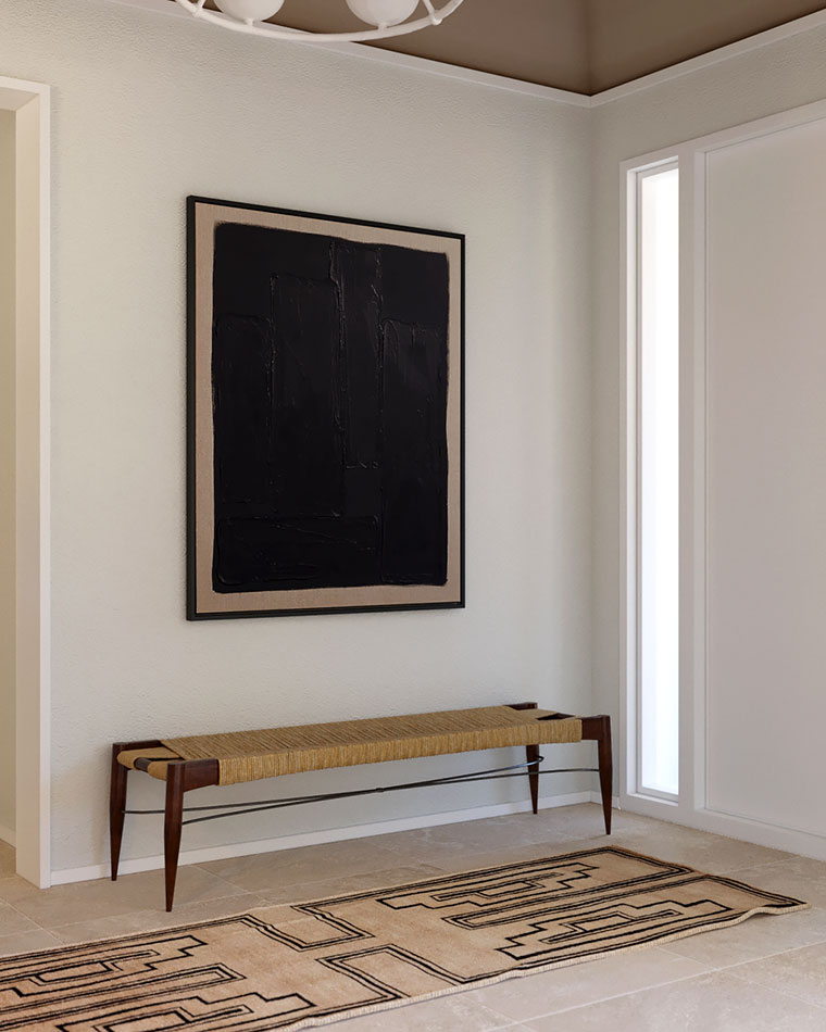 entryway bench and black wall art