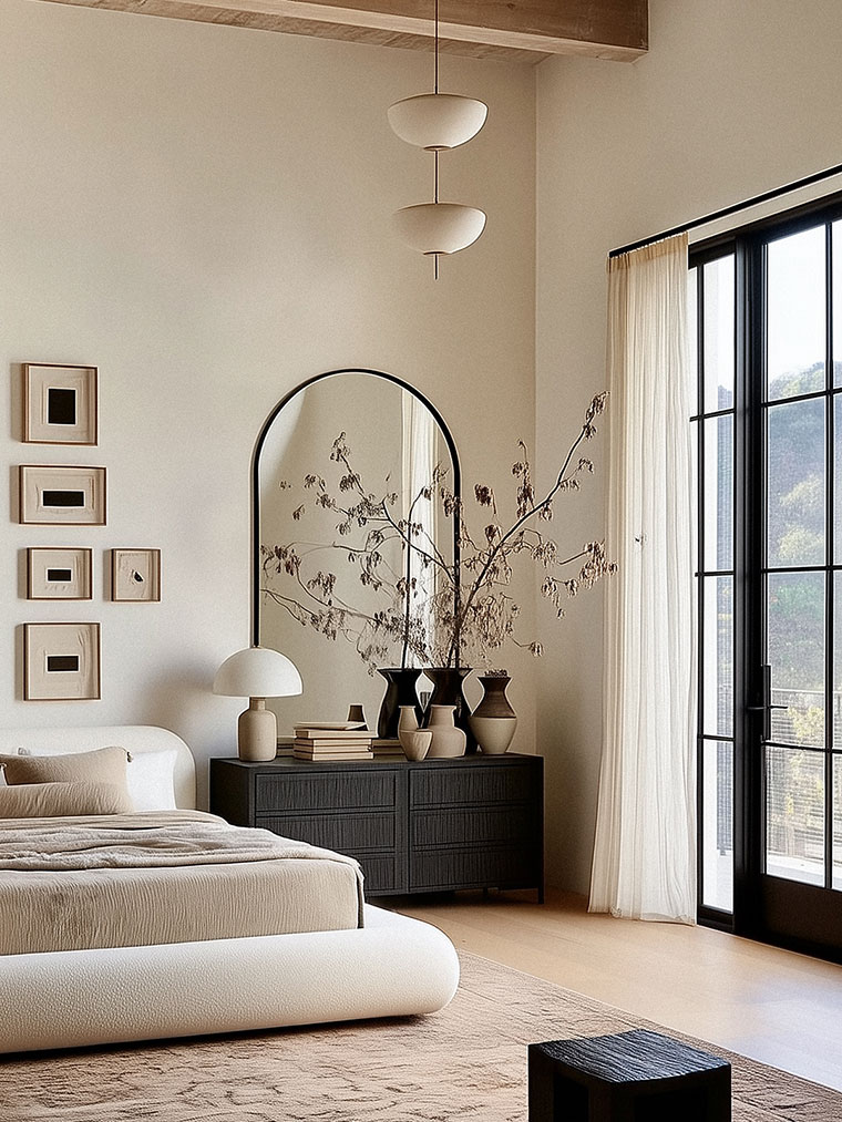 Neutral Minimalist Bedroom with Mediterranean Style