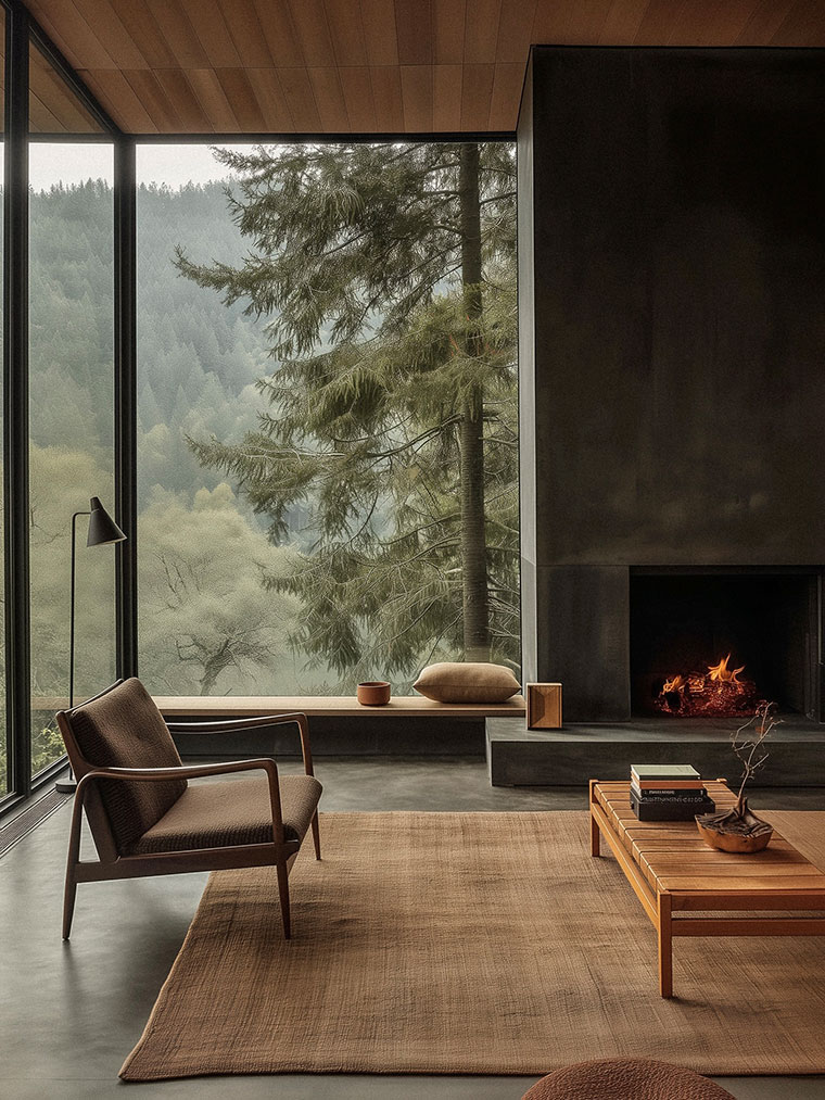 Living Room with Fireplace and Forest Views