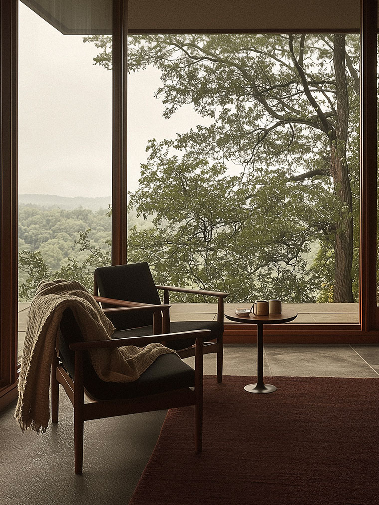 modern living room with floor-to-ceiling windows