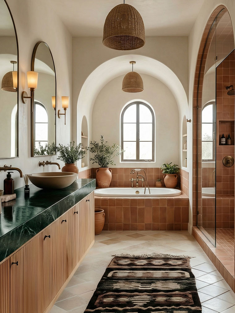 Spanish Revival bathroom with terracotta tiles, green marble vanity and arched mirrors