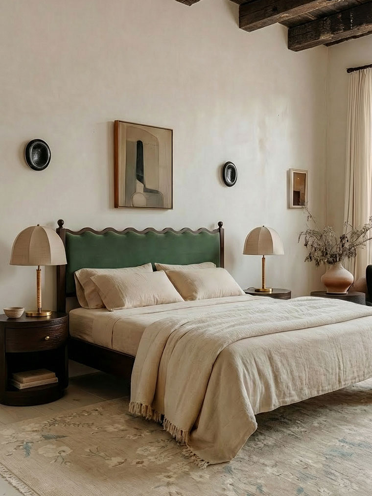 Warm Spanish Revival bedroom with upholstered headboard, layered neutral bedding, and linen shades bedside lamps