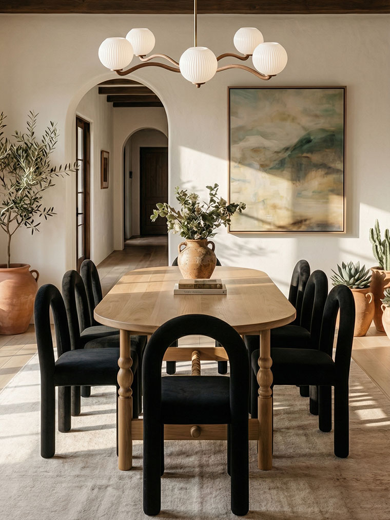 Mediterranean dining room with wood table, sculptural black chairs, arched doorway and modern chandelier