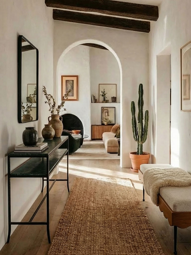 Spanish Revival hallway with arched doorway, rustic wood console table, ceramic vases and natural woven rug