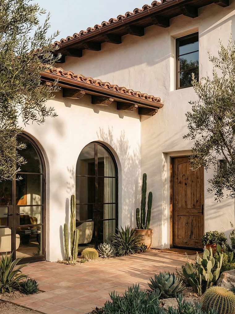 Warm Spanish Revival home exterior with white stucco walls, terracotta roof tiles, arched windows and desert plants