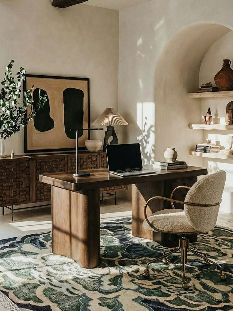 Home office with carved wood desk, boucle chair, ceramic decor and arched niche shelves