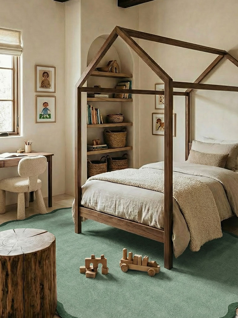 Kids bedroom with wooden canopy bed, woven storage baskets and soft neutral textiles