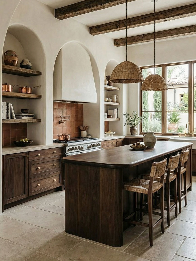 Spanish Revival kitchen with arched hood, wood cabinetry, marble island and woven pendant lighting