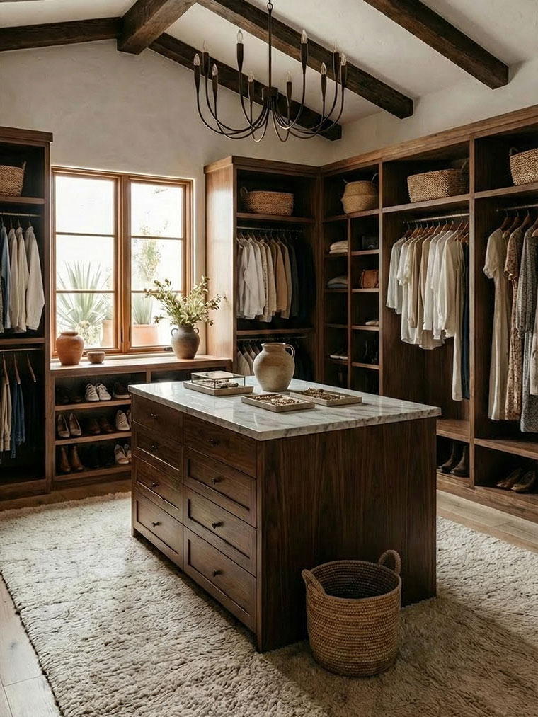 Walk-in closet with wood cabinetry, center island and natural light from large window