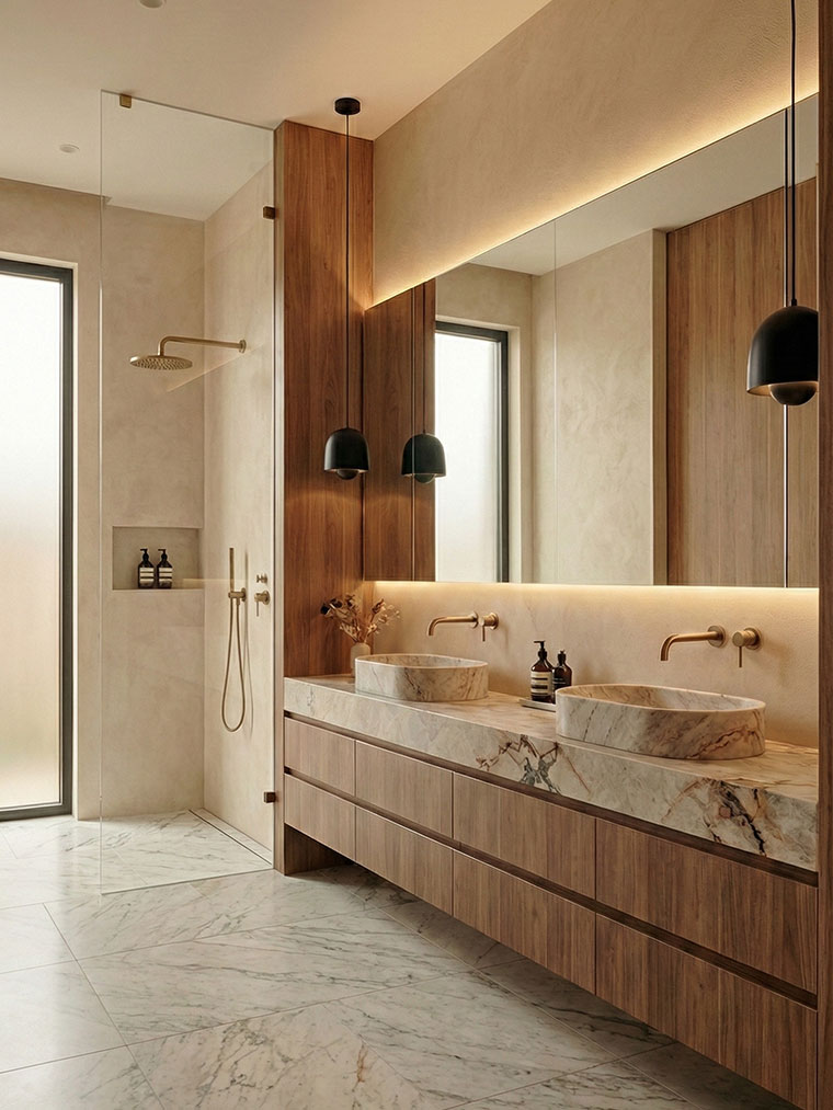 A luxurious master bathroom featuring floor-to-ceiling white marble walls, a floating wood vanity with a stone countertop, and a seamless walk-through entry from the bedroom.