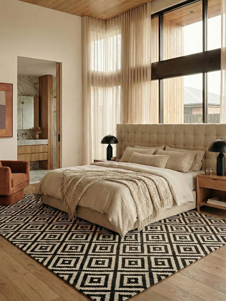 California light modern house master bedroom with a tufted beige headboard, floor-to-ceiling sheer curtains, and a bold geometric rug, illuminated by soft natural light.