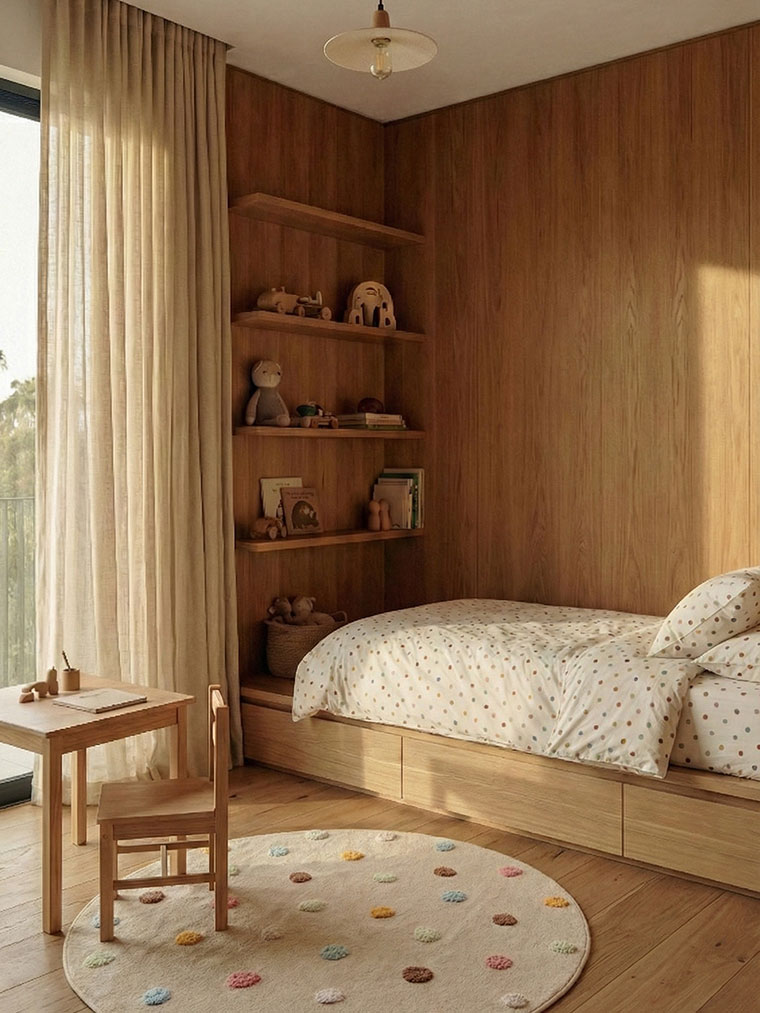 A modern children’s bedroom with a warm, gender-neutral palette. It features built-in wooden bunk beds, a cozy reading nook with oversized floor cushions, and a large window with sheer linen drapes that maintain the home's airy, sun-drenched atmosphere.