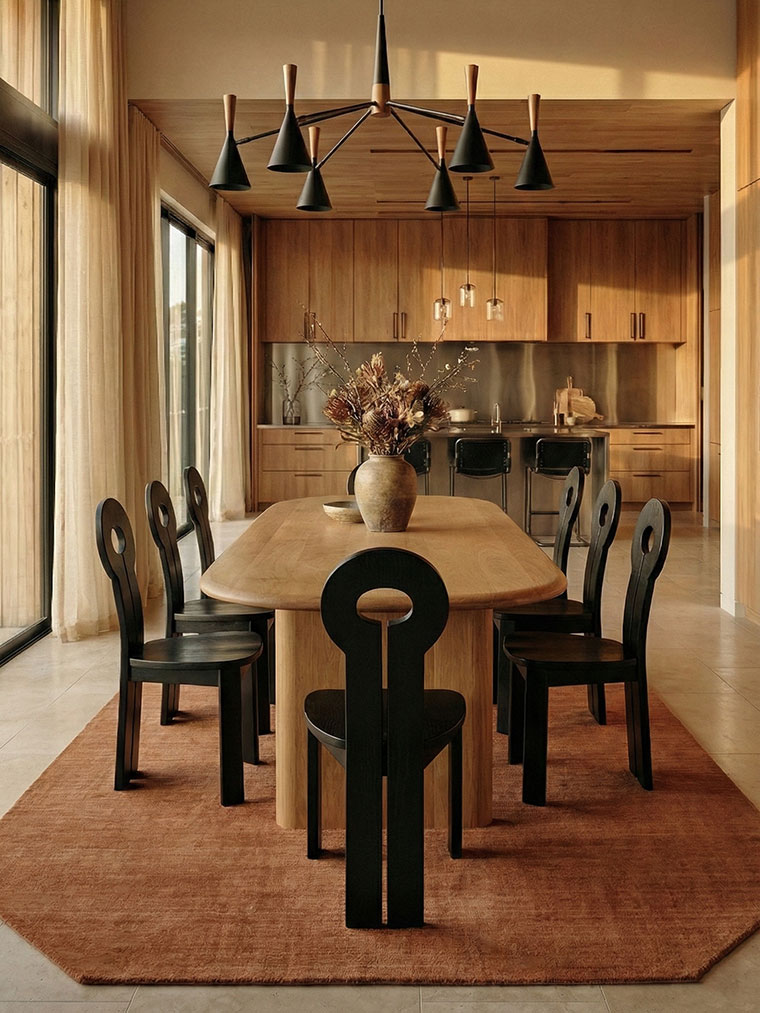Sophisticated dining area featuring a light oak oval table, sculptural black chairs, and a mid-century modern cone chandelier, with a seamless transition to the kitchen.