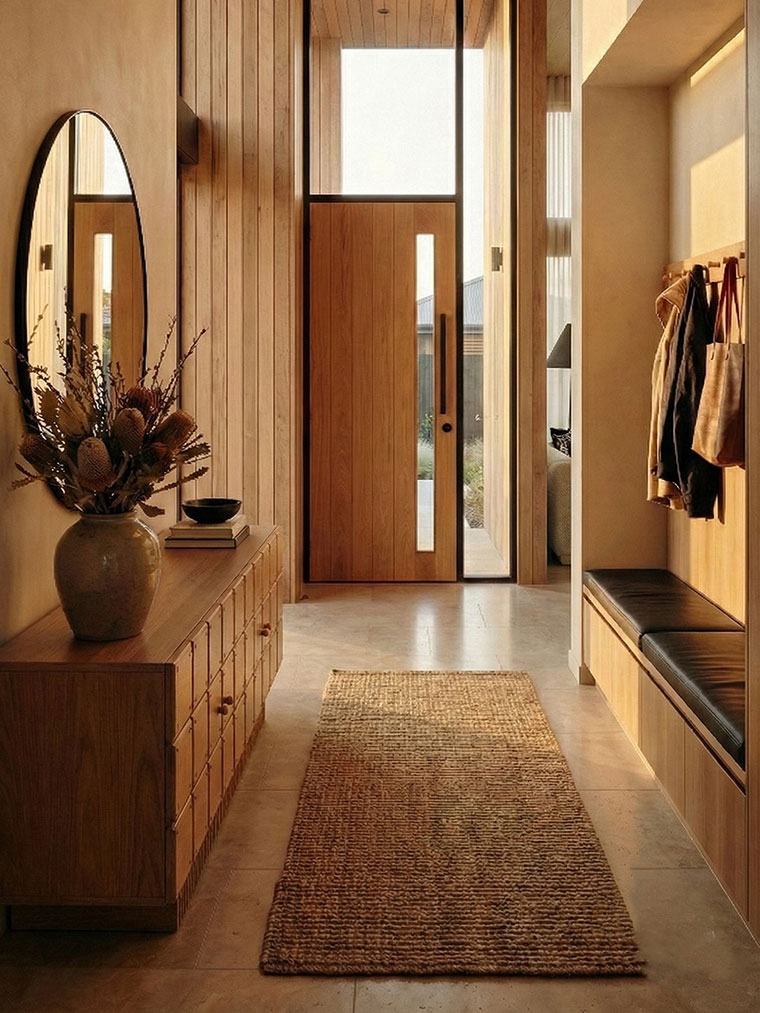 Minimalist entryway with high wood-paneled ceilings, a light oak pivot door with a vertical glass insert, and a natural jute runner on limestone flooring.
