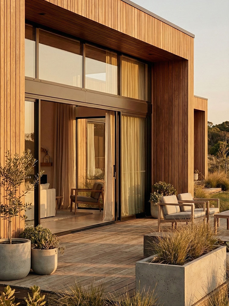Modern California house exterior featuring vertical wood siding, a spacious timber deck with concrete planters, and large sliding glass doors reflecting the sunset.