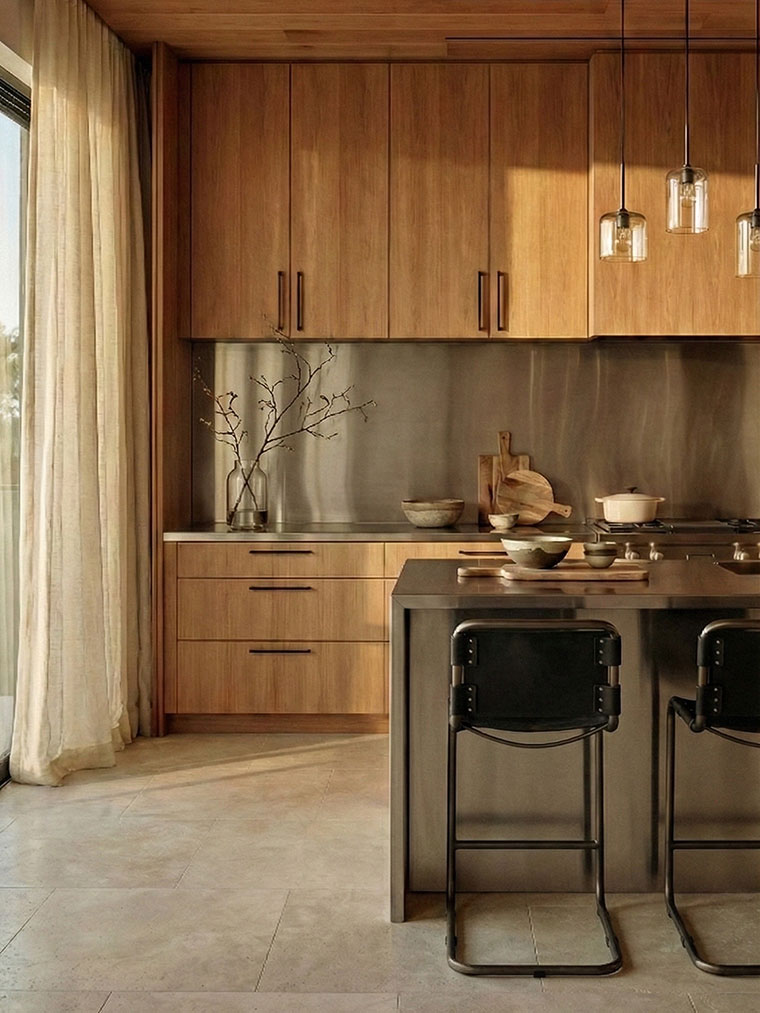 Contemporary kitchen design with light wood cabinetry, a sleek stainless steel backsplash and island, and industrial-style bar stools.