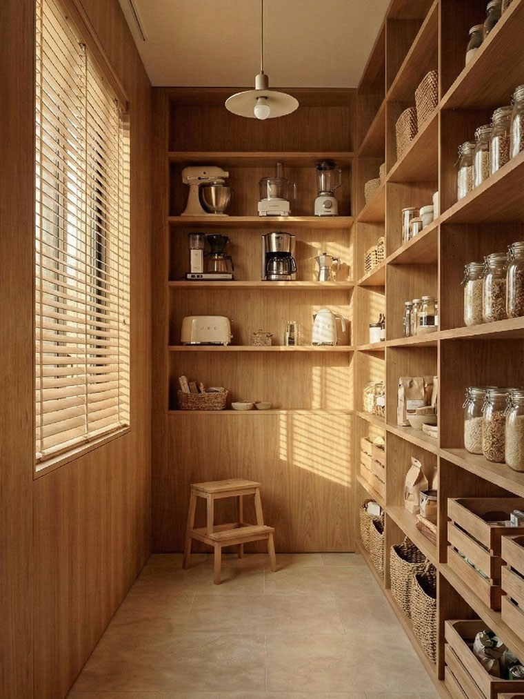 Organized walk-in pantry with floor-to-ceiling wooden shelving, featuring neat rows of glass jars, wicker baskets, and high-end kitchen appliances.