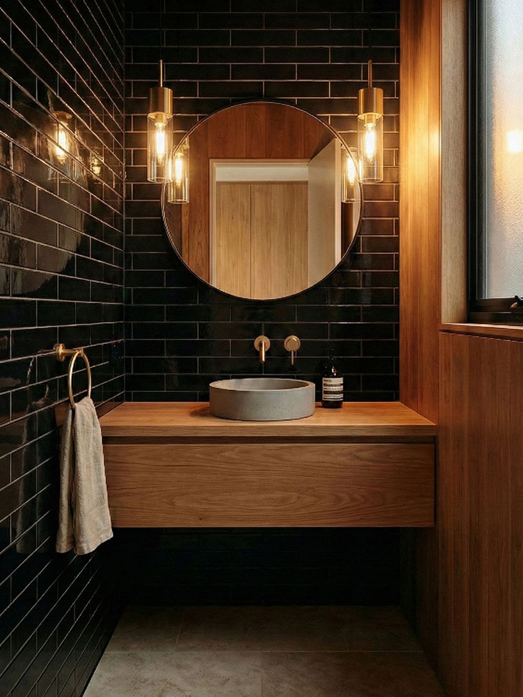 Moody powder room featuring glossy black subway tiles, a floating wood vanity with a concrete vessel sink, and elegant brass pendant lights.