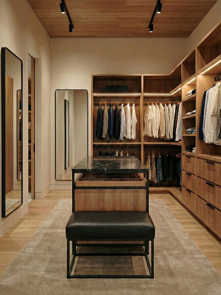 Luxury walk-in closet with custom oak shelving, integrated LED lighting, a black marble island, and minimalist track lighting on the ceiling