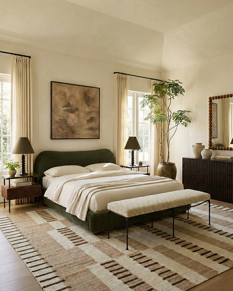 Earth-toned organic modern bedroom with olive velvet bed, neutral rug, walnut nightstands and layered linen textiles