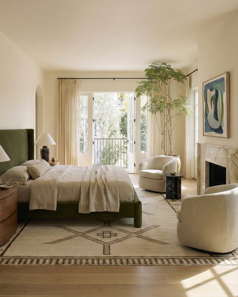 Organic modern bedroom with olive upholstered bed, marble side table, walnut nightstand and soft neutral seating