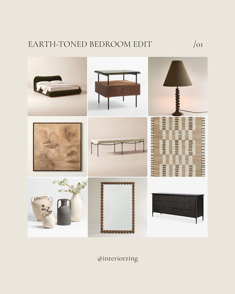 Curated earth-toned bedroom product collage with olive velvet bed, walnut furniture, textured rug and ceramic decor