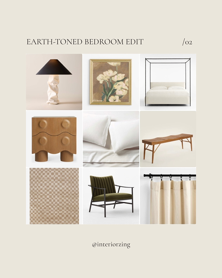 Curated bedroom product collage with canopy bed, linen curtains, sculptural lamp, wood bench and green lounge chair
