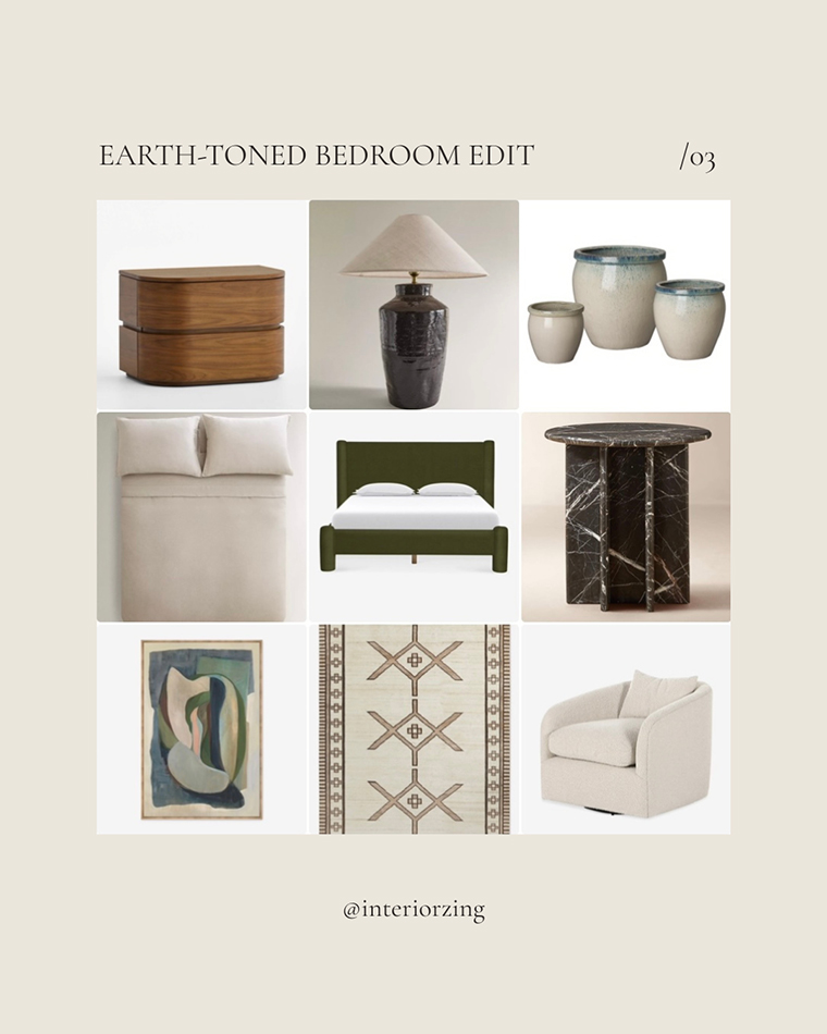Curated earth-toned bedroom product collage with olive bed, abstract wall art, marble table, textured rug and swivel chair