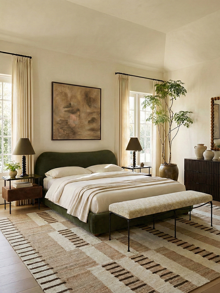 Earth-Toned Bedroom Interiors: Olive Green and Natural Materials