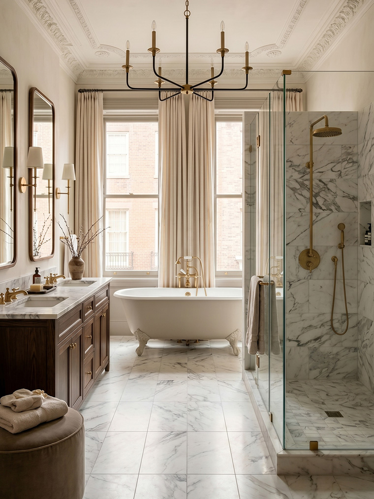 Elegant townhouse bathroom featuring a classic clawfoot tub, dark wood double vanity, marble floors, and unlacquered brass fixtures.