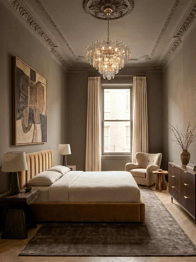 Moody organic modern bedroom with a warm mustard velvet bed, ribbed dark wood dresser, crystal chandelier, and layered textured rugs.