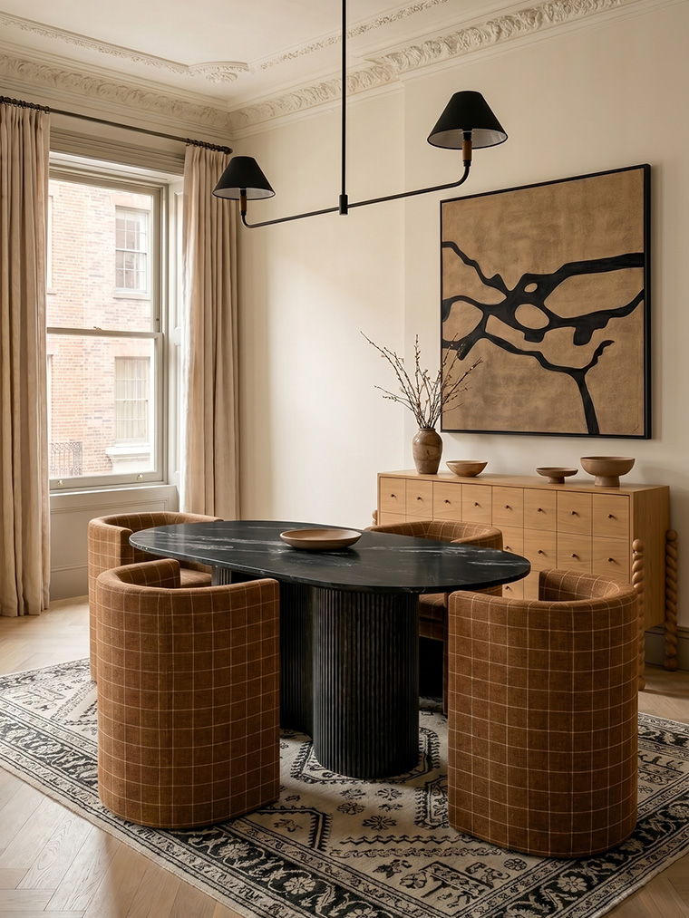 Organic modern dining room featuring a black fluted oval table, curved rust chairs, and a light wood sideboard paired with oversized abstract art.