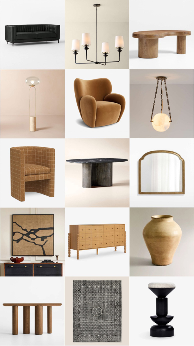 Shoppable interior concept board for a sculptural organic modern townhouse, featuring an earthy wood coffee table, amber velvet chair, and statement lighting sources.