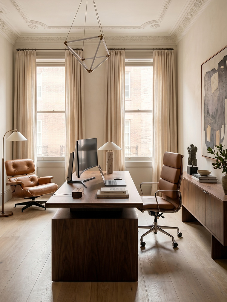 Earthy modern home office setup with a large walnut desk, classic leather lounge chair, geometric pendant lighting, and warm neutral drapery.