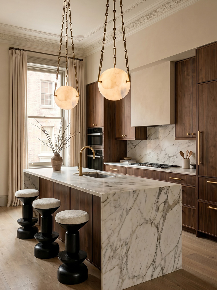 Earthy tactile kitchen design with a marble waterfall island, sculptural black bar stools, and alabaster globe pendants in a historic townhouse.