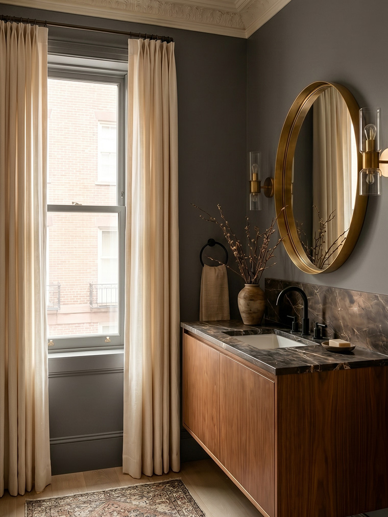 Moody organic powder room featuring dark grey walls, a floating wood vanity with dramatic dark marble, and an elegant round brass mirror.
