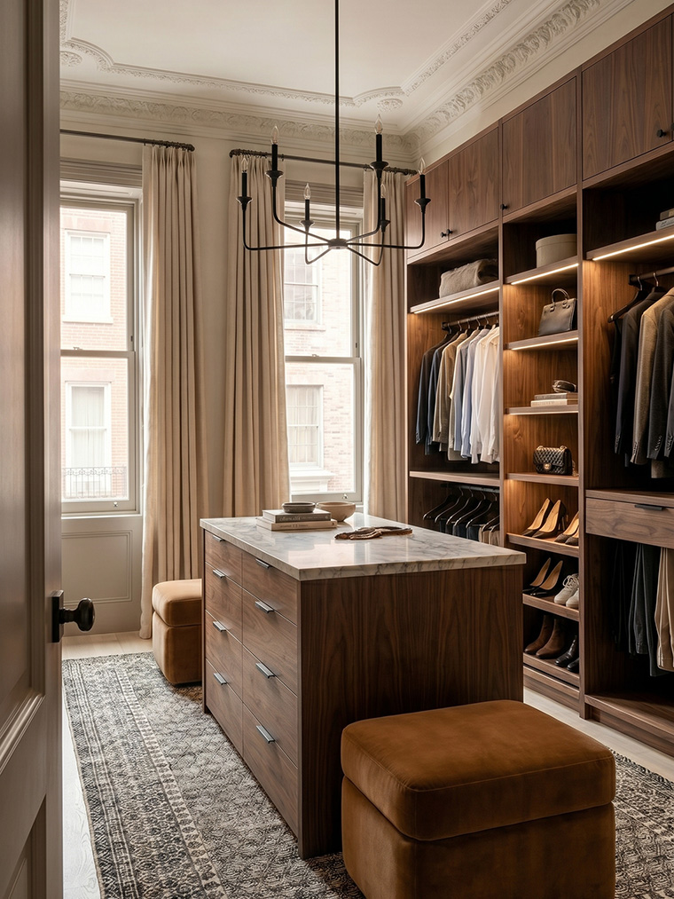 Custom dark walnut walk-in closet design featuring a marble-topped island, elegant black chandelier, and warm amber velvet ottomans.