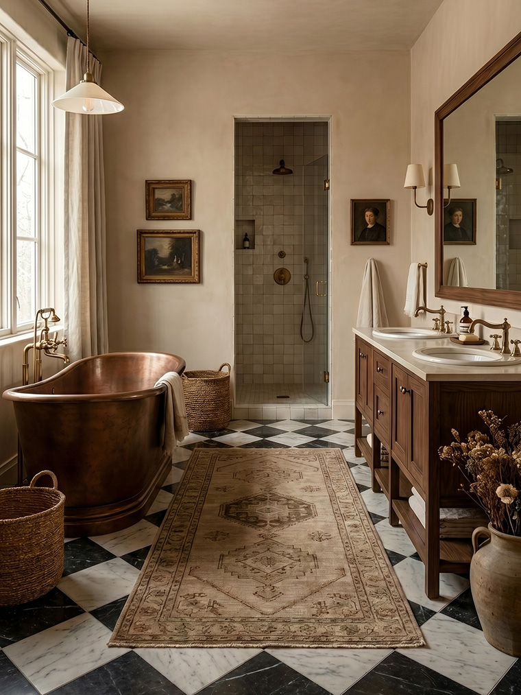 Transitional primary bathroom design, refined rustic luxury with a copper soaking tub, checkerboard marble floors, and a dark wood double vanity.