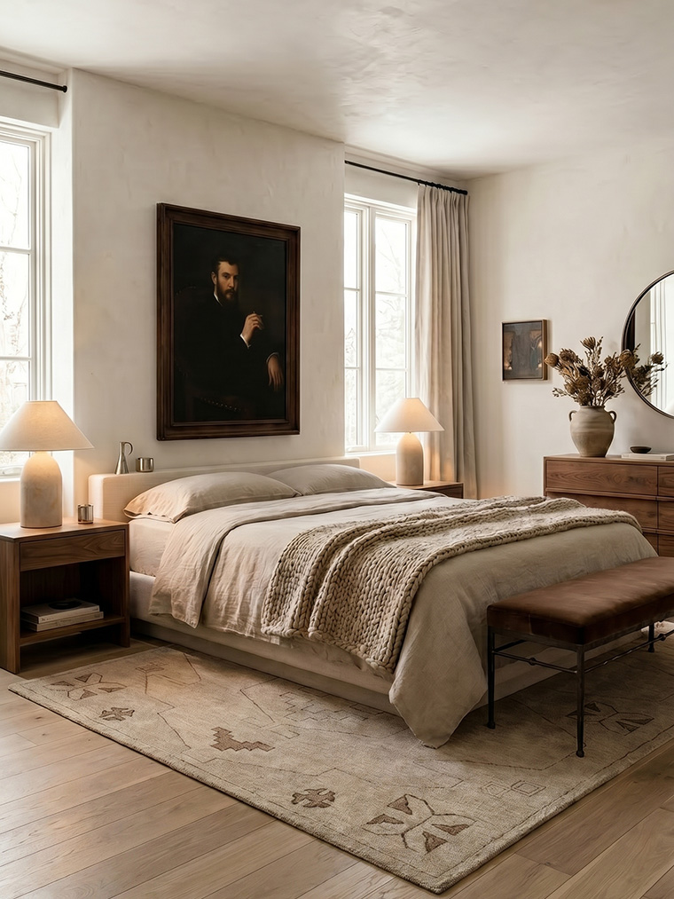 Moody transitional bedroom aesthetic, refined rustic decor with a soft linen upholstered bed, dark wood nightstands, and vintage portrait wall art.
