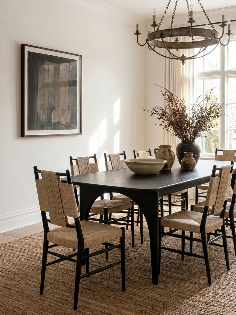 Transitional dining room decor, refined rustic aesthetic featuring a modern black arched table, woven rush chairs, and a vintage iron chandelier.
