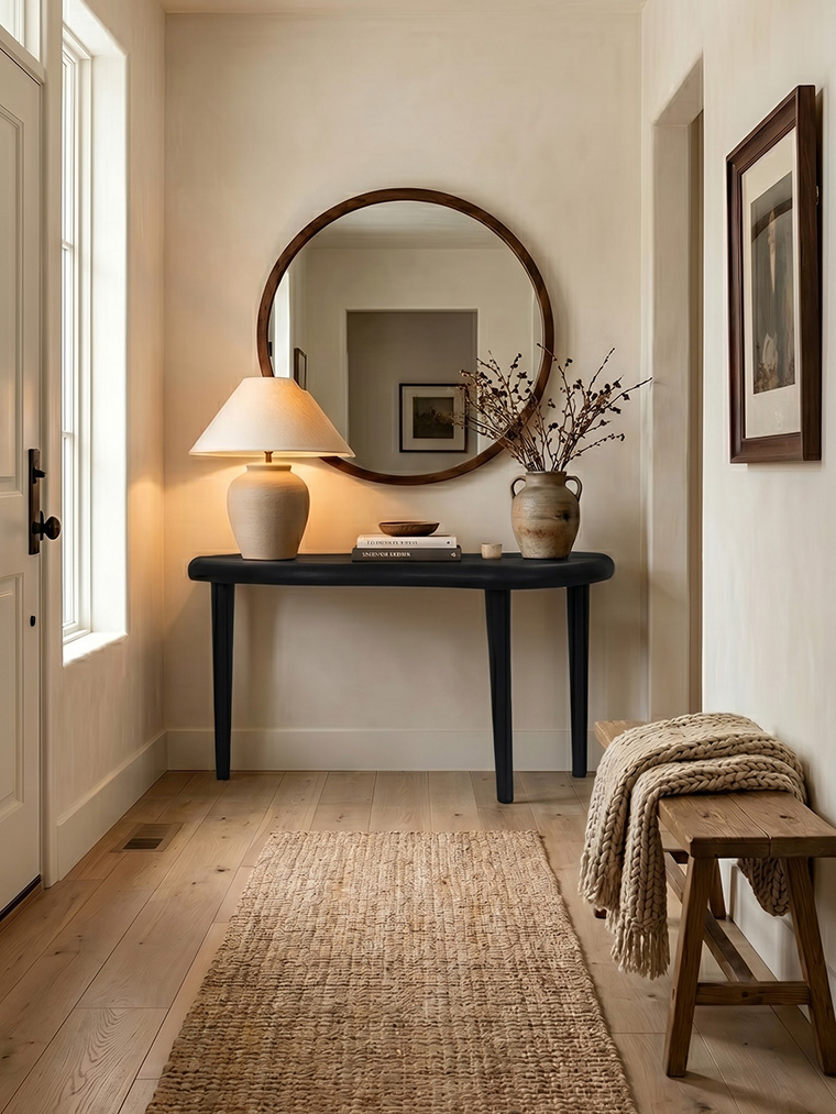 Refined rustic entryway decor ideas, sculptural black console table, round wood mirror, and textured plaster walls for a warm transitional home.
