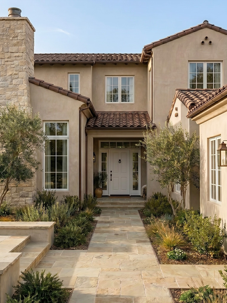 Refined rustic house exterior design, warm stucco facade with a natural stone walkway, and transitional Mediterranean-inspired landscaping ideas.