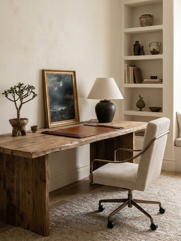Rustic transitional home office setup, built-in plaster shelves, a vintage reclaimed wood desk, and a cozy linen chair for a warm work-from-home aesthetic.