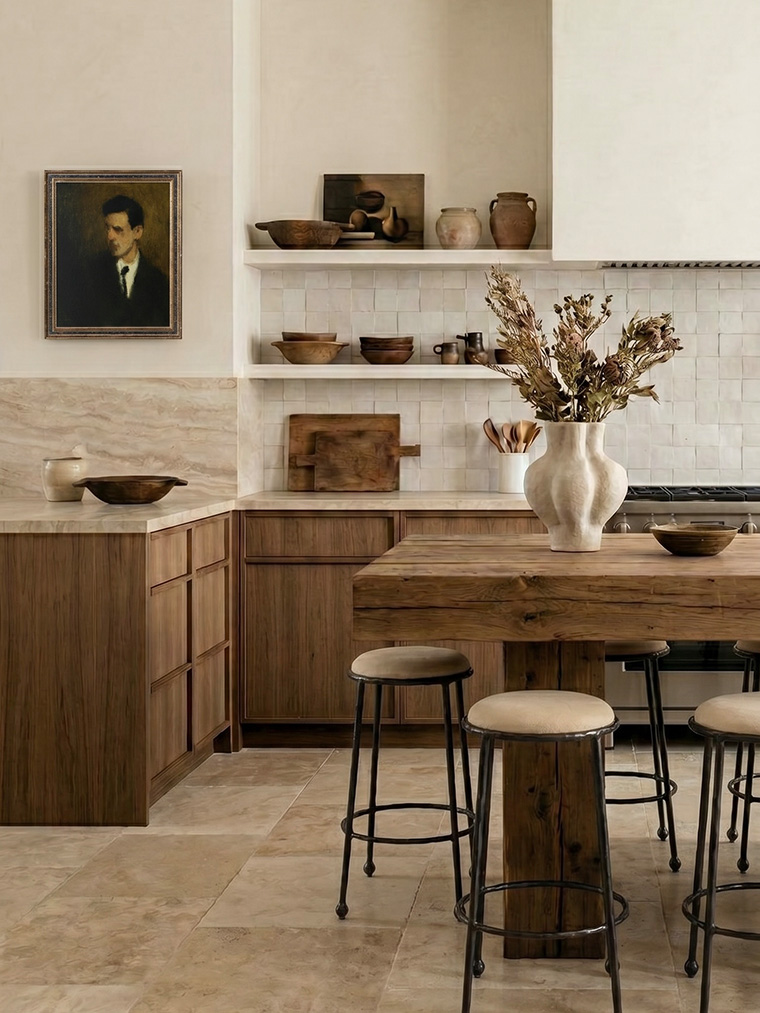 Warm transitional kitchen ideas, refined rustic interior with a reclaimed wood island, warm oak cabinetry, and a handmade zellige tile backsplash.