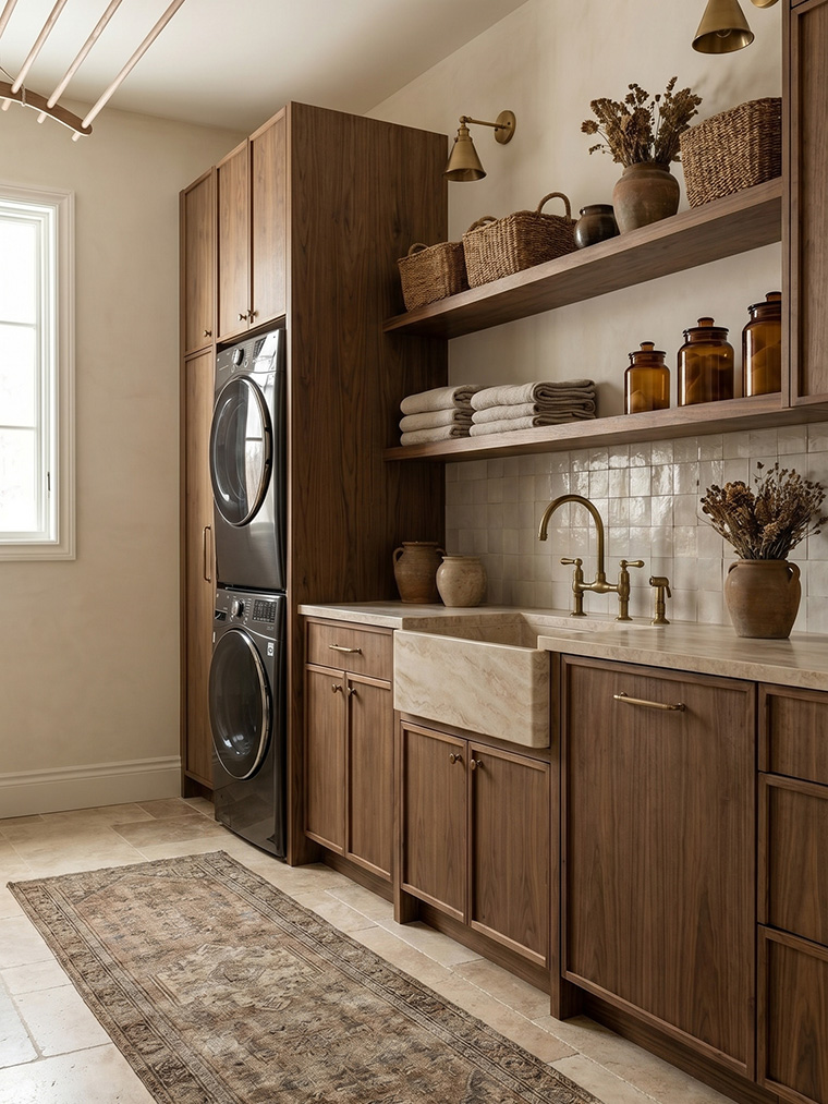 Refined rustic laundry room ideas, transitional warm wood cabinetry with a natural stone farmhouse sink and antique ceramic crocks styling.