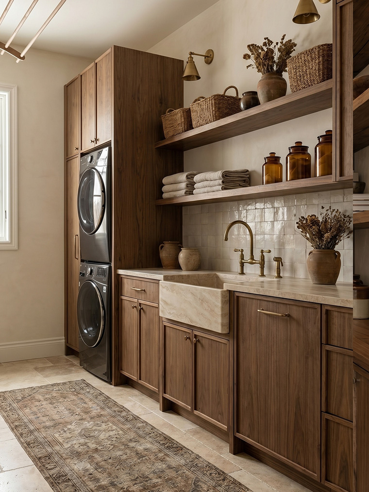 Refined rustic laundry room ideas, transitional warm wood cabinetry with a natural stone farmhouse sink and antique ceramic crocks styling.